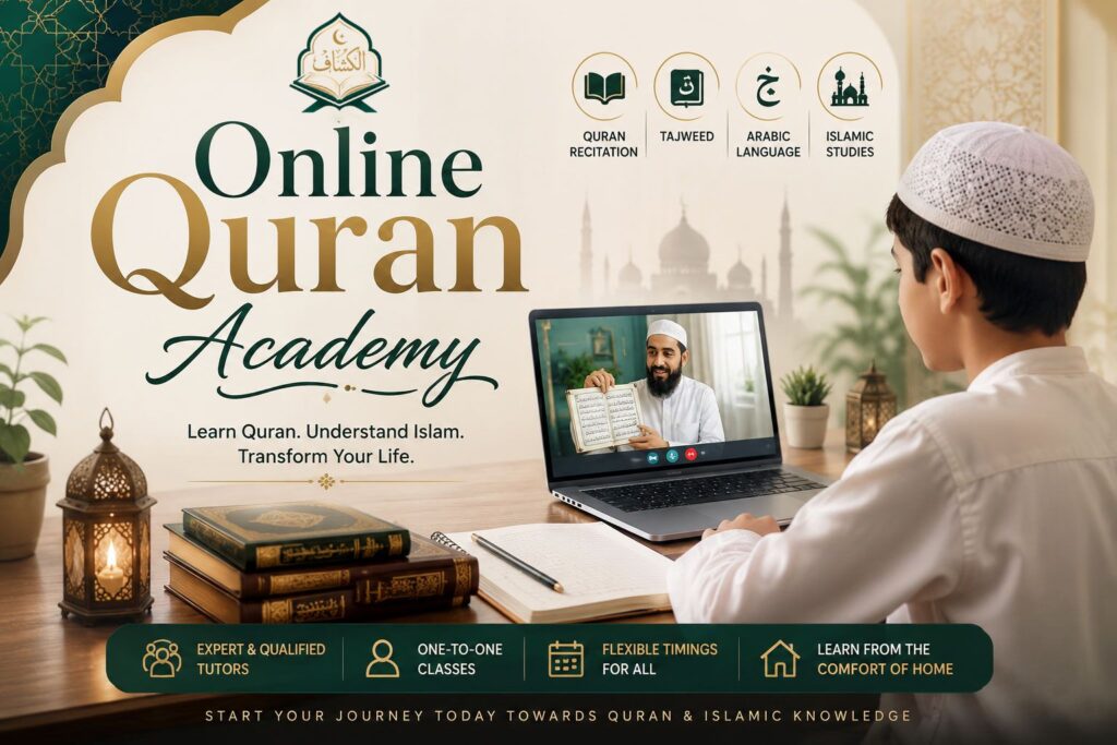 Online Quran Academy banner featuring Quran classes with expert male and female tutors for Tajweed, Arabic, and Islamic studies.